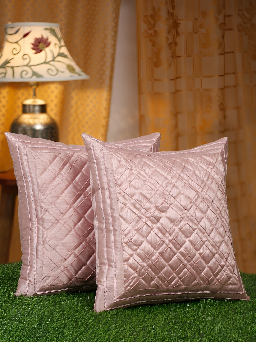 

HOSTA HOMES Peach-Coloured 2 Pieces Geometric Square Cushion Covers