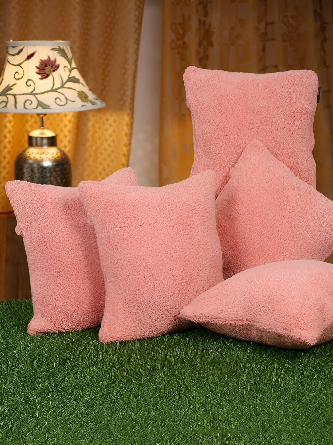 

HOSTA HOMES Peach-Coloured 5 Pieces Soft Fur Square Cushion Covers