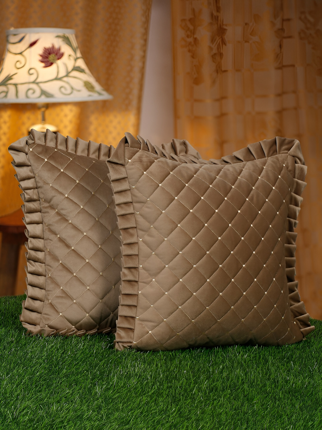 

HOSTA HOMES Brown 2 Pieces Velvet Geometric Square Cushion Covers