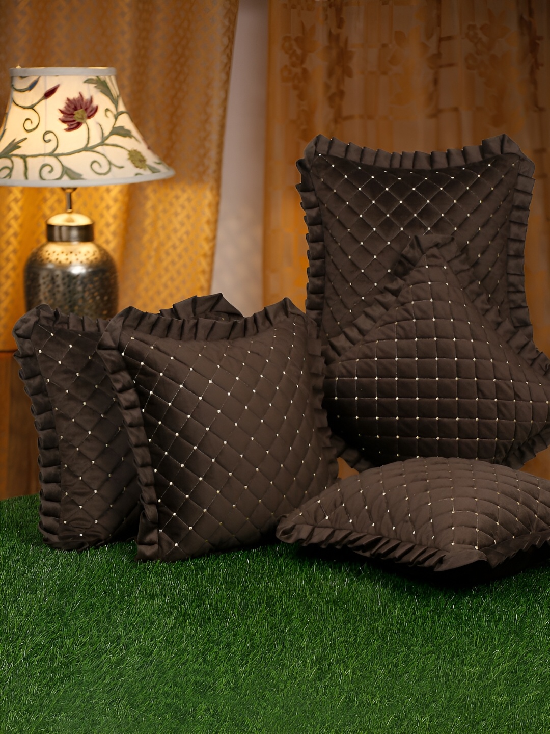 

HOSTA HOMES Brown 5 Pieces Velvet Embroidered Square Cushion Covers