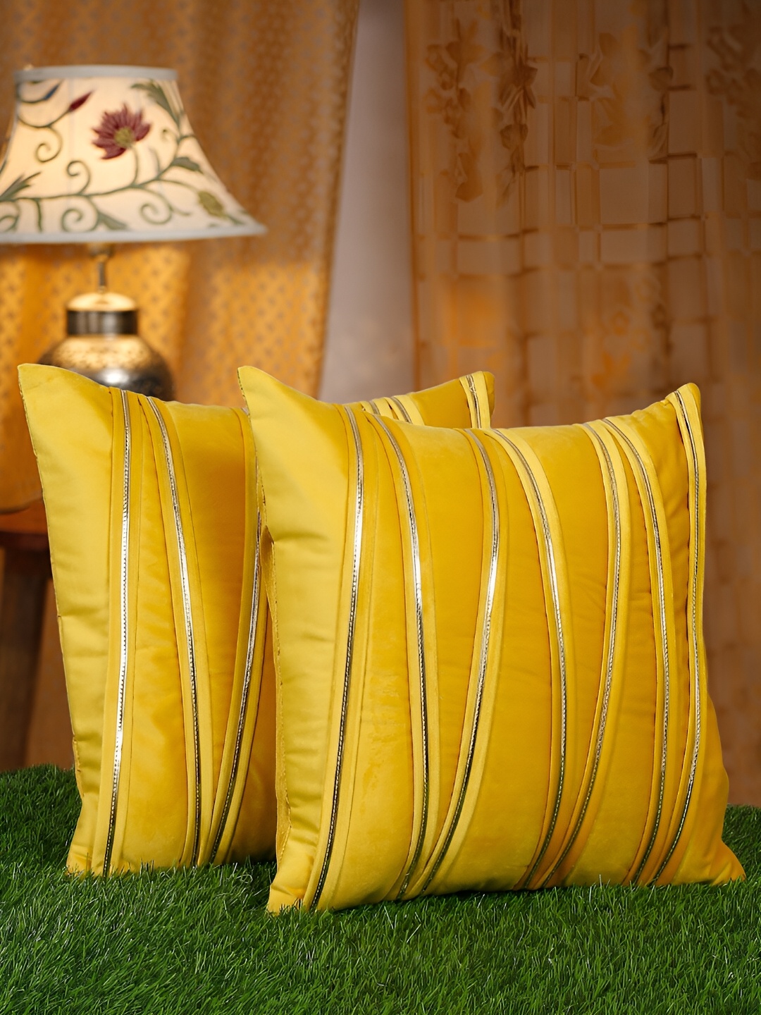 

HOSTA HOMES Yellow 2 Pieces Velvet Striped Square Cushion Covers