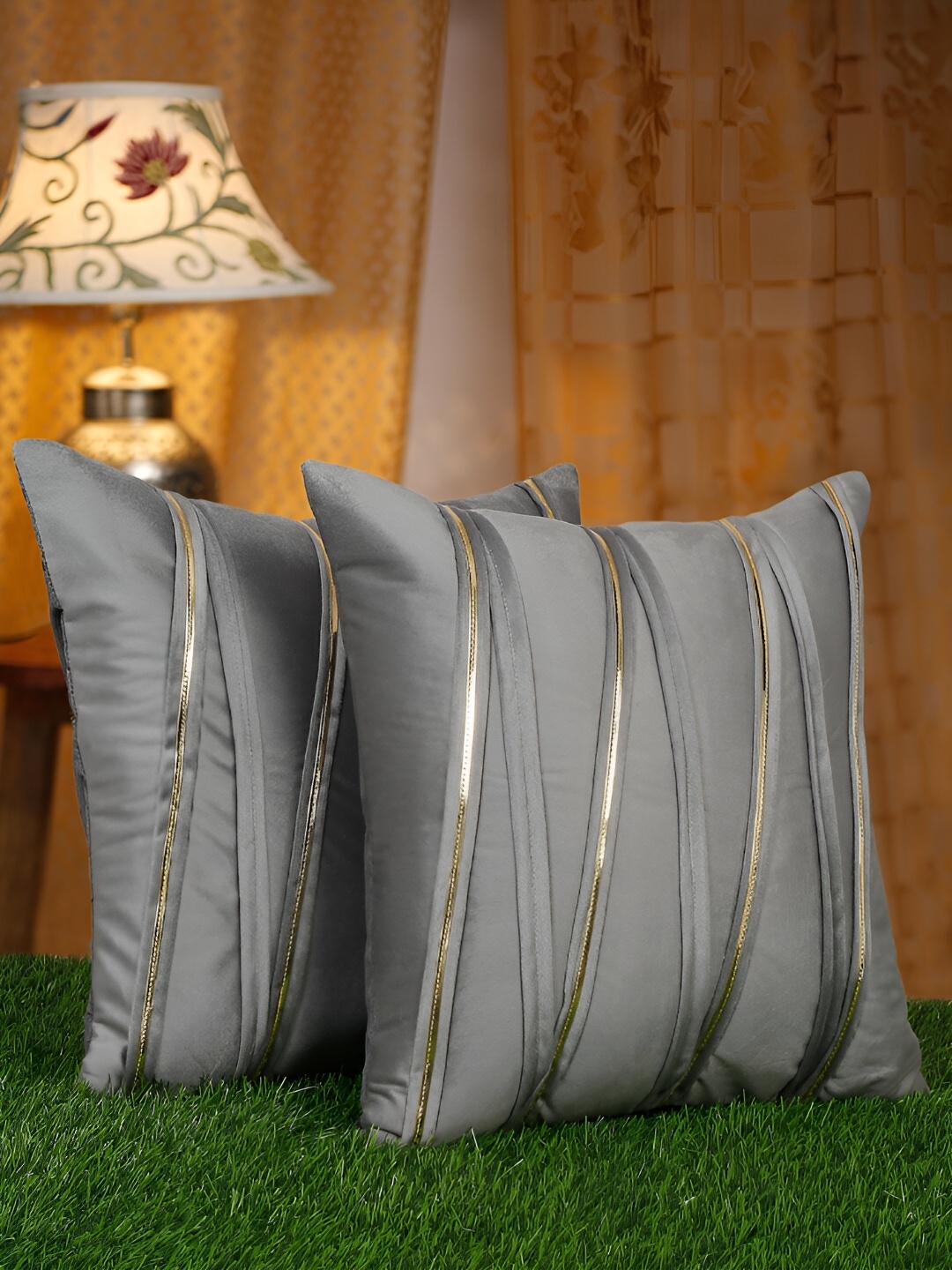 

HOSTA HOMES Grey 2 Pieces Velvet Striped Square Cushion Covers