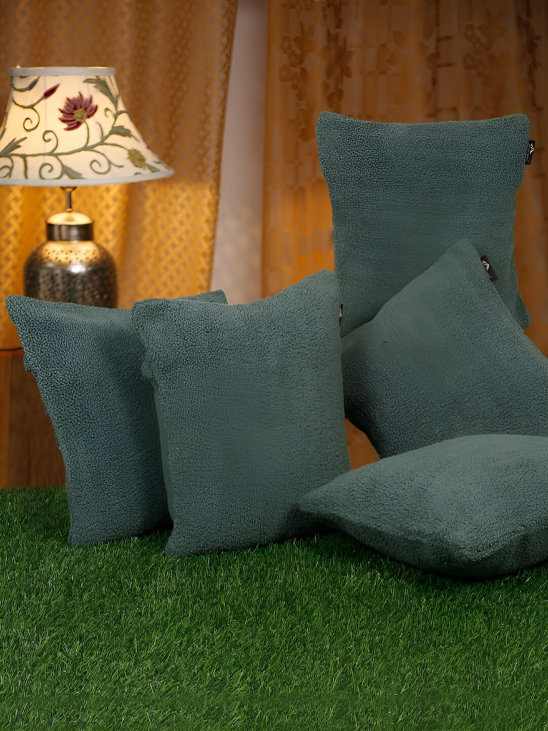 

HOSTA HOMES Green 5 Pieces Soft Fur Square Cushion Covers