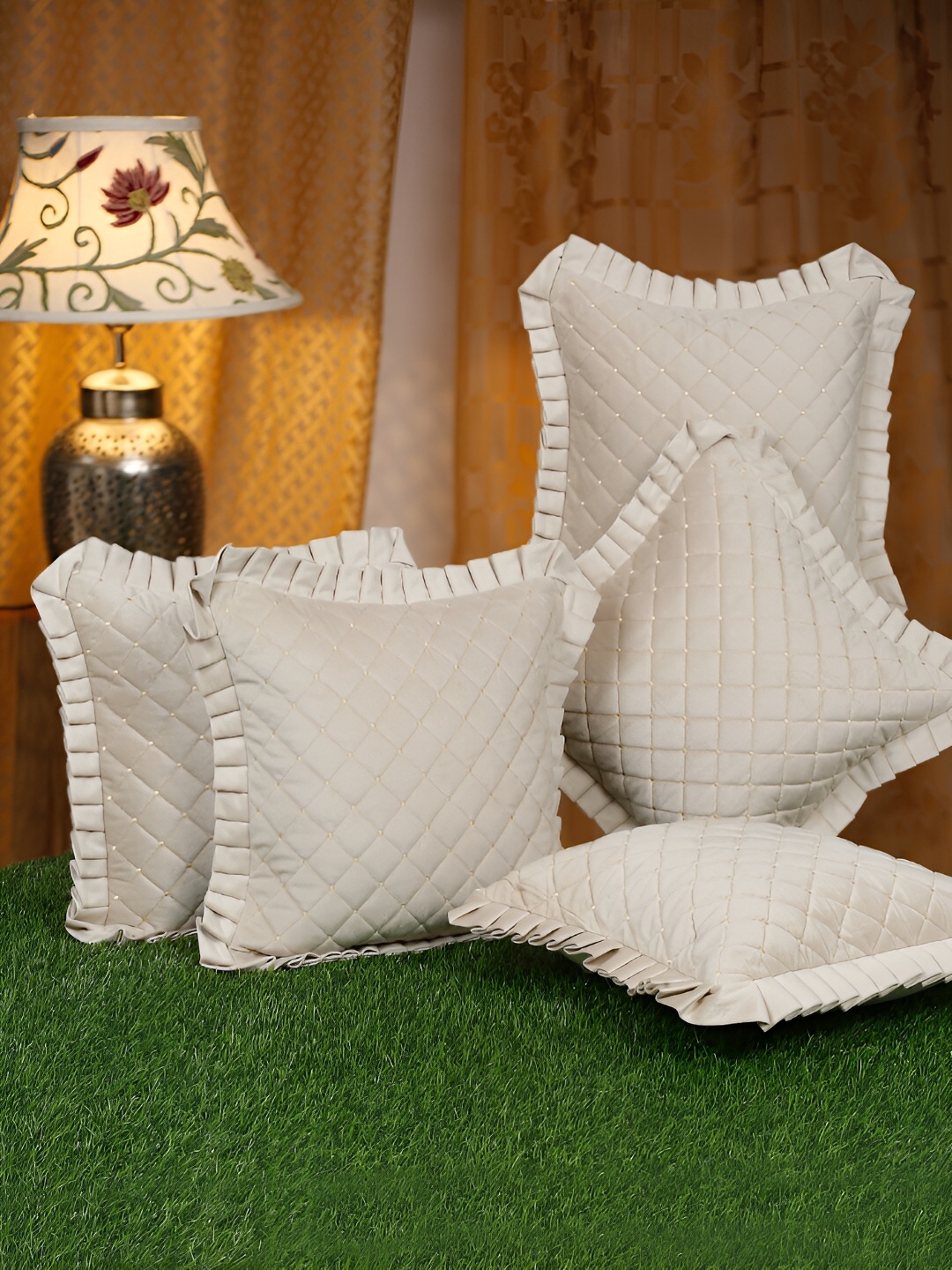 

HOSTA HOMES Cream-Coloured 5 Pieces Velvet Geometric Square Cushion Covers
