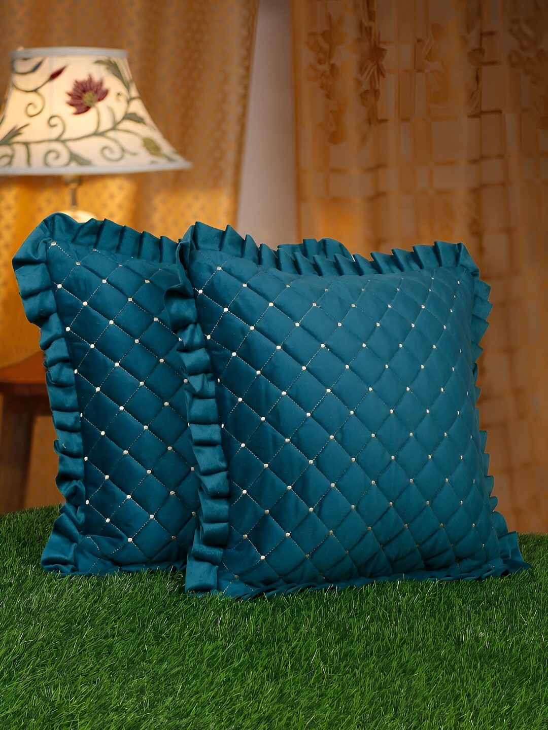 

HOSTA HOMES Green 2 Pieces Velvet Embroidered Square Cushion Covers