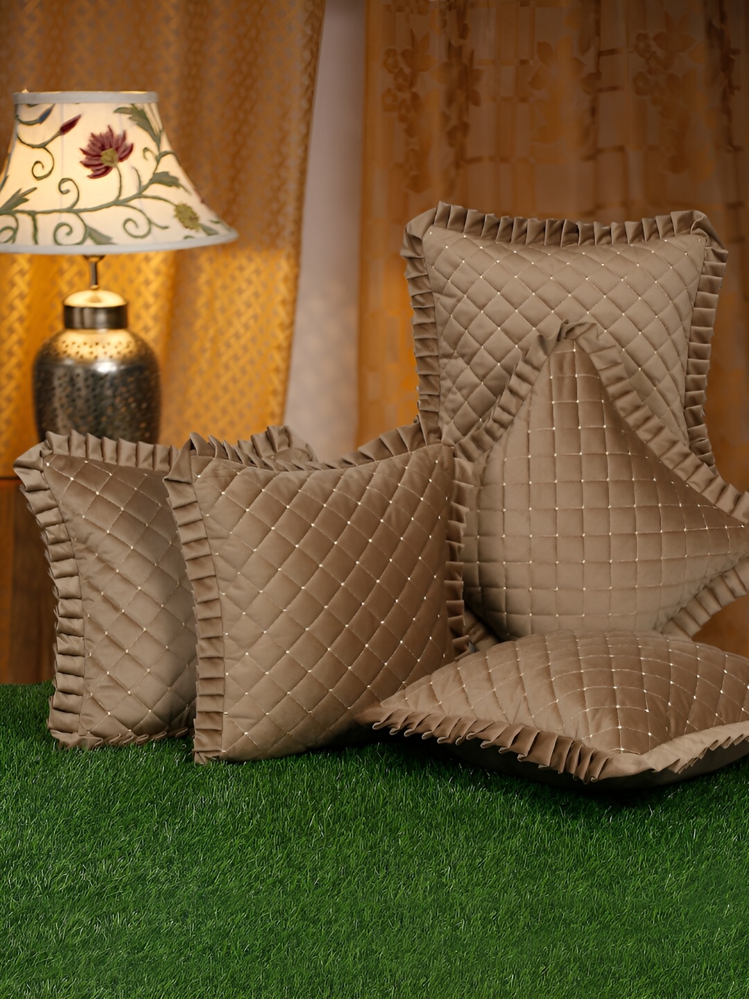 

HOSTA HOMES Brown 5 Pieces Velvet Geometric Square Cushion Covers