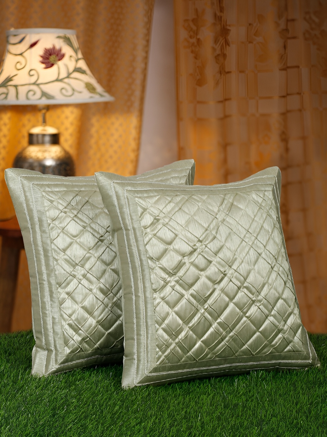 

HOSTA HOMES Crem-Colored 2 Pieces Geometric Square Cushion Covers, Cream