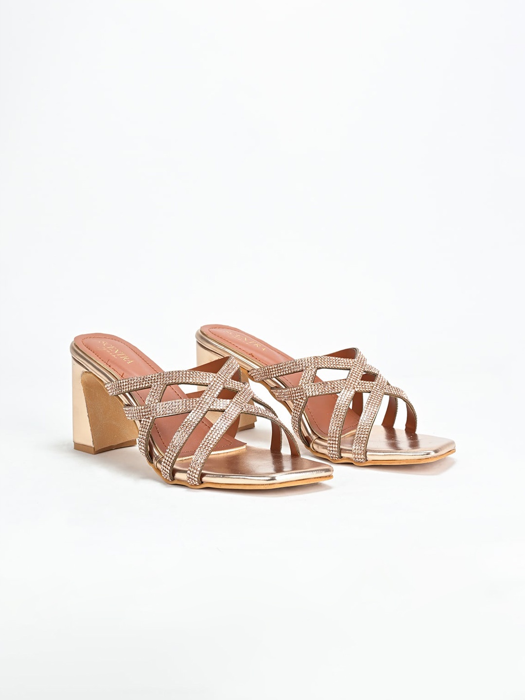 

SCENTRA Embellished Open Toe Block Heels, Gold
