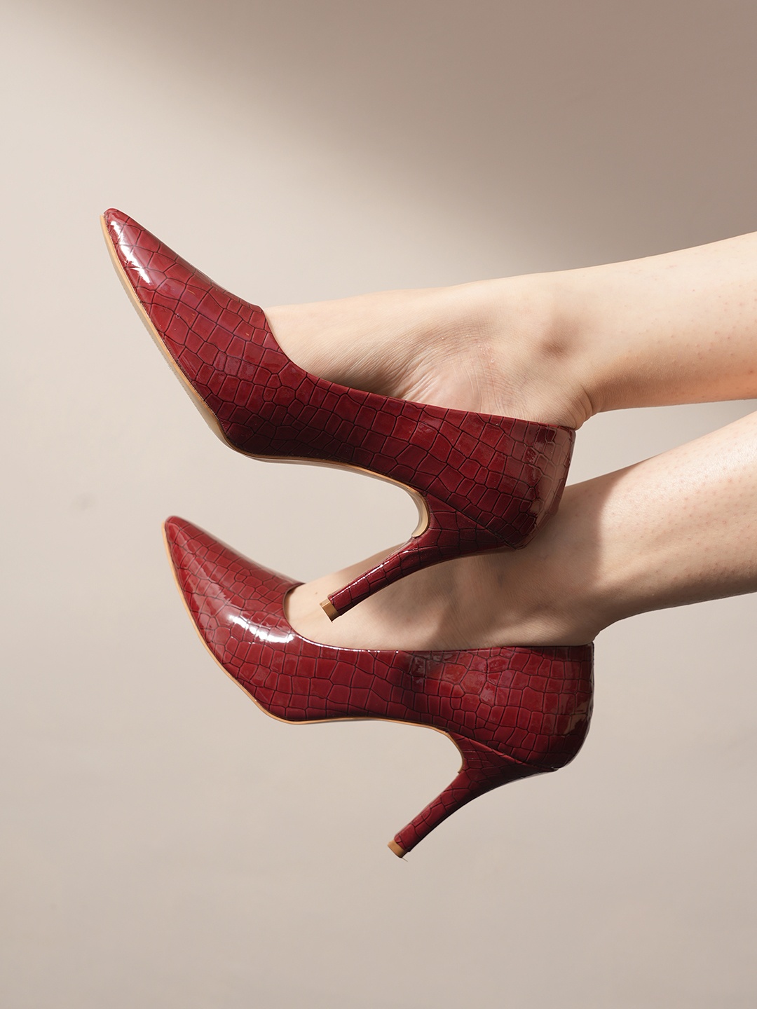 

SCENTRA Textured Pointed Toe Slim Heeled Pumps, Maroon