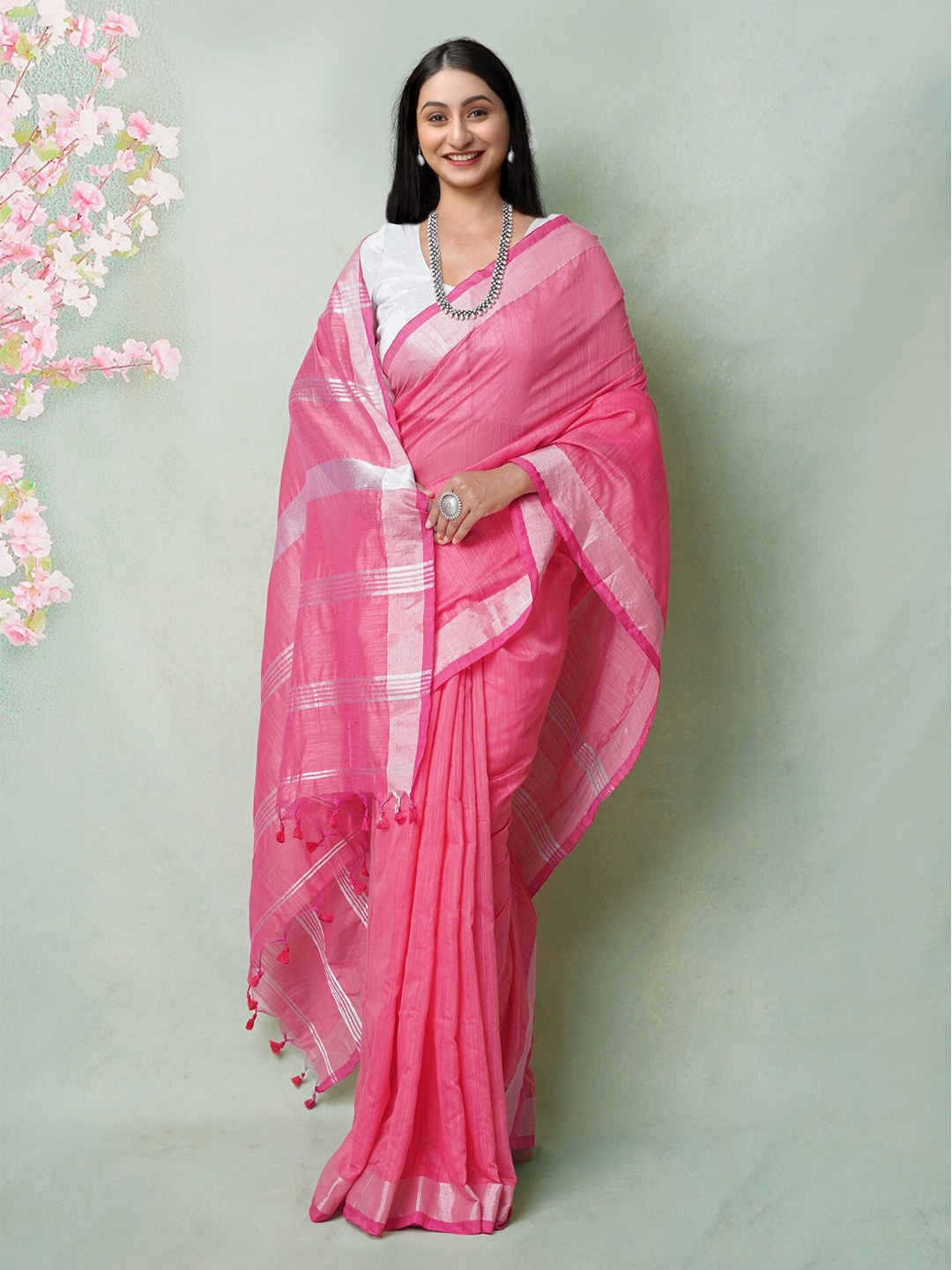 

Unnati Silks Zari Silk Cotton Handloom Jamdani Saree, Pink