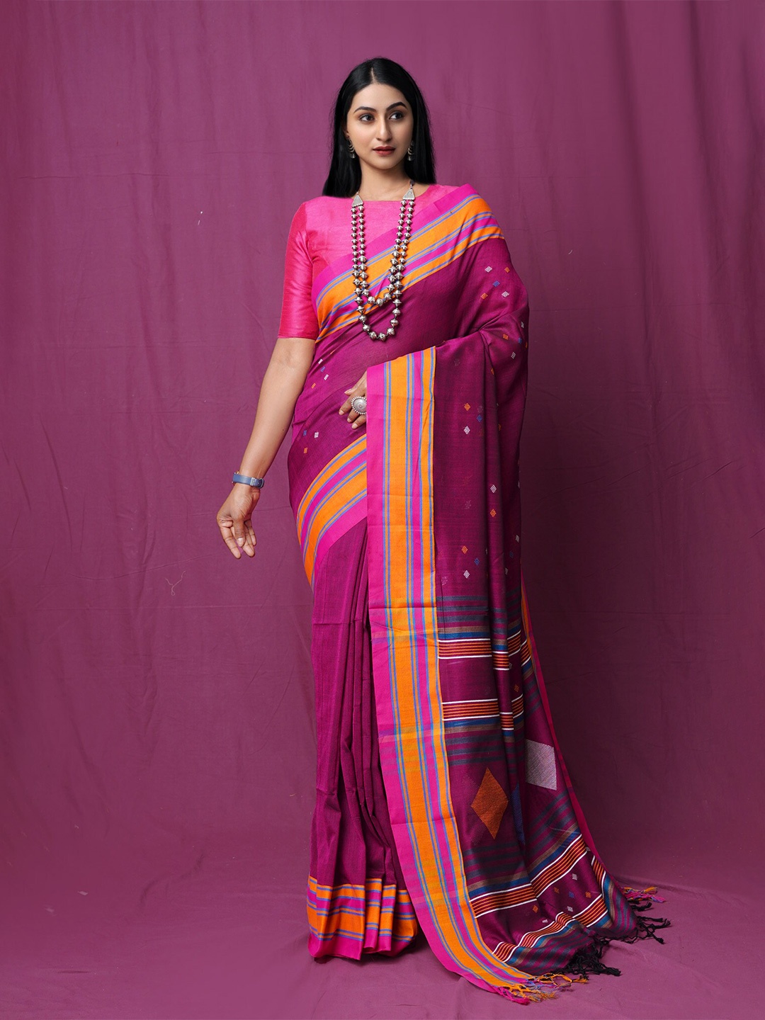 

Unnati Silks Woven Design Pure Cotton Handloom Jamdani Saree, Pink