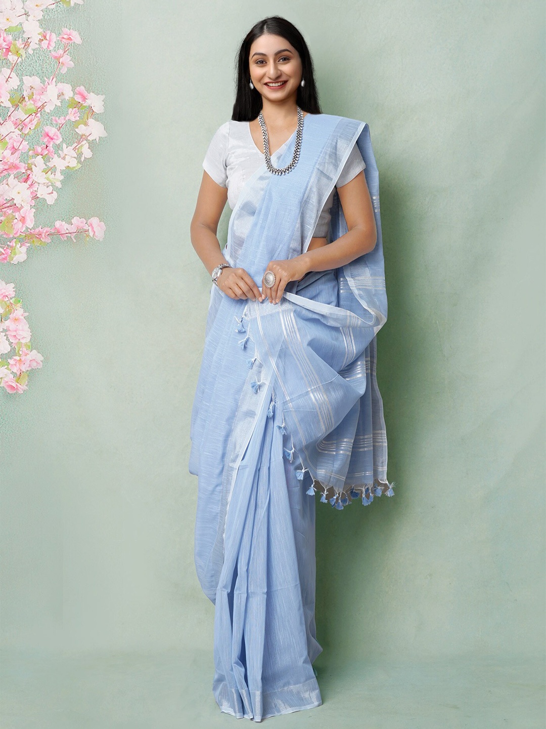 

Unnati Silks Zari Silk Cotton Handloom Jamdani Saree, Blue