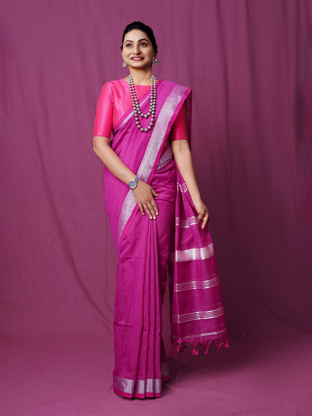 

Unnati Silks Zari Silk Cotton Handloom Jamdani Saree, Pink