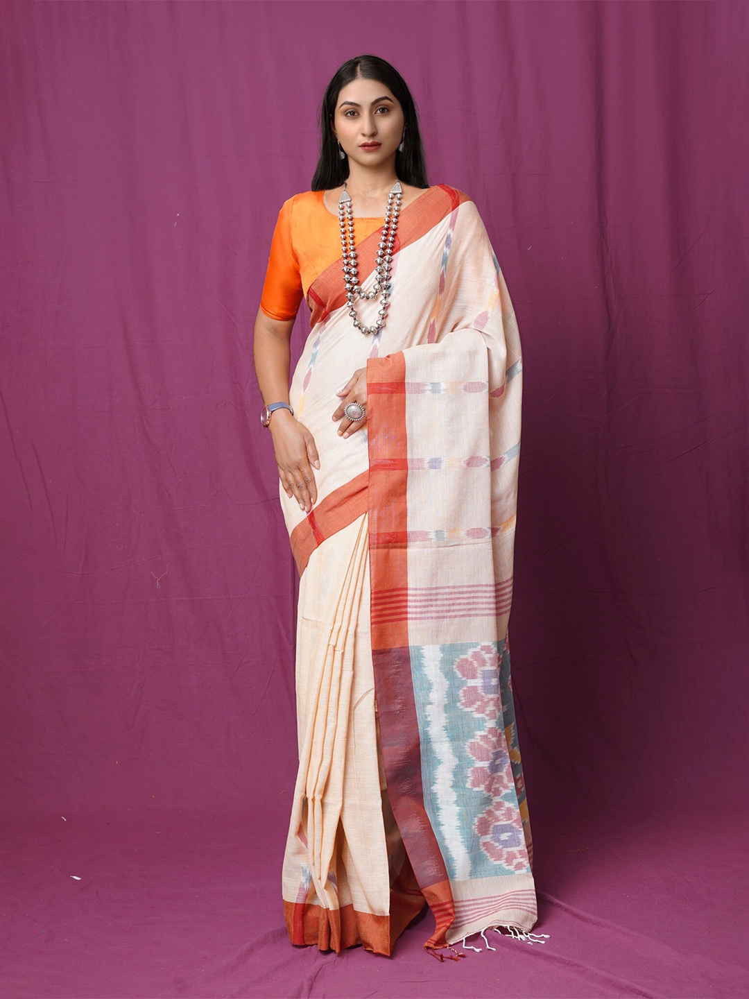 

Unnati Silks Woven Design Pure Linen Handloom Pochampally Saree, Beige