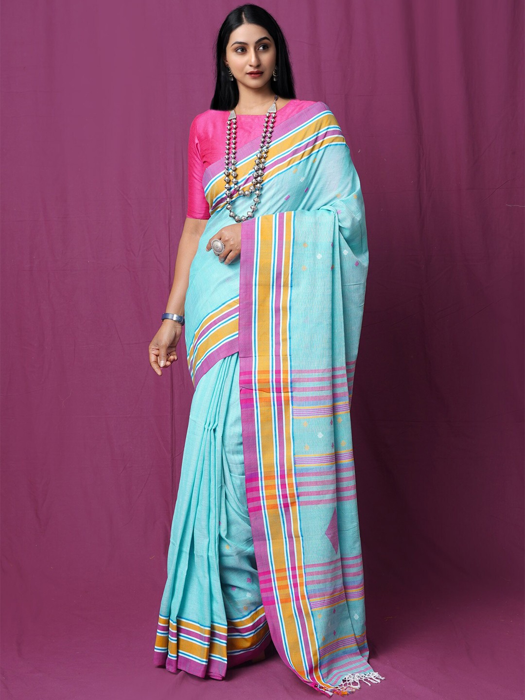 

Unnati Silks Woven Design Pure Cotton Handloom Jamdani Saree, Green