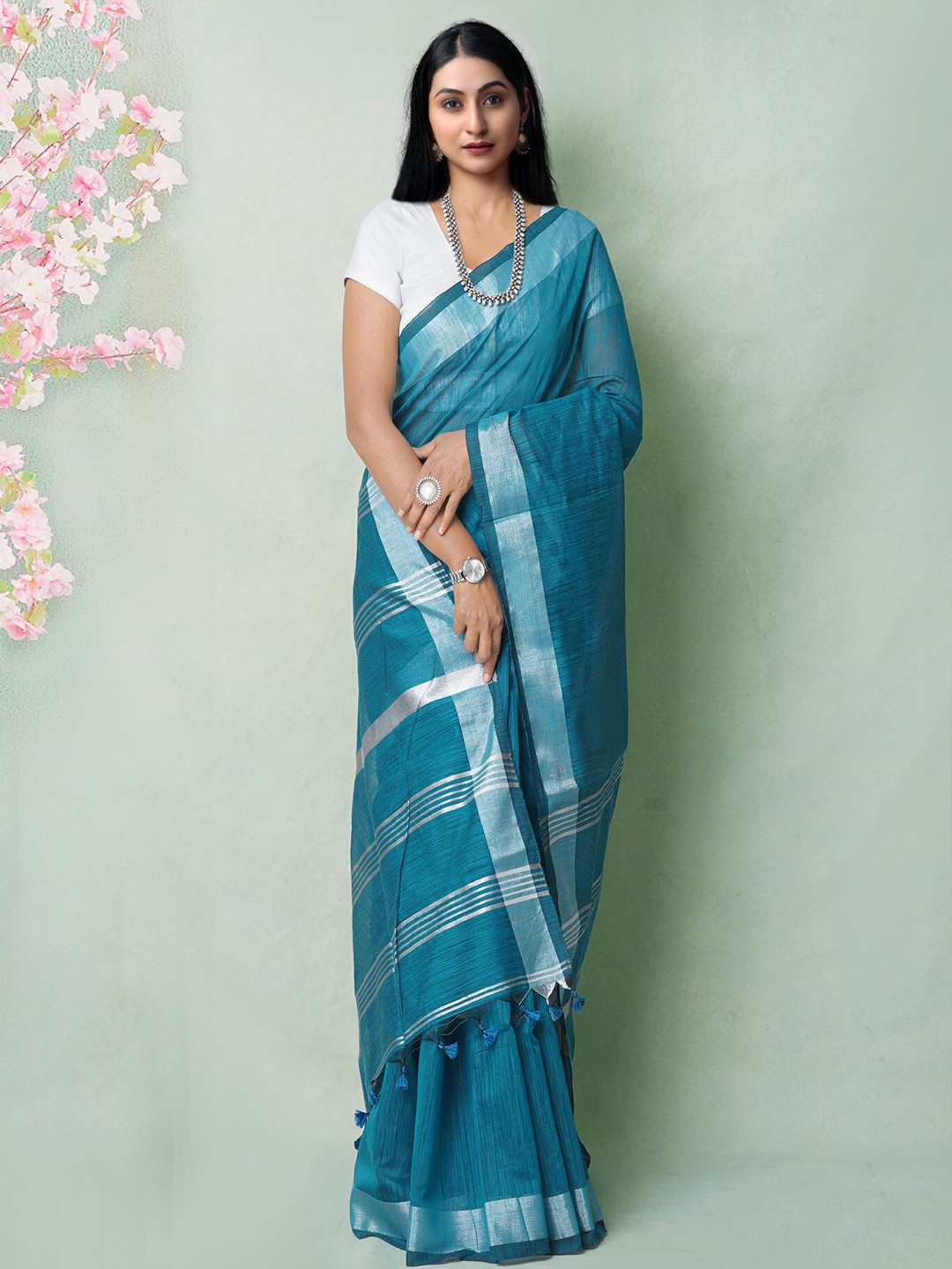 

Unnati Silks Zari Silk Cotton Handloom Jamdani Saree, Blue