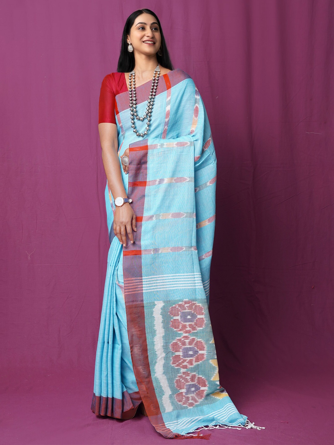 

Unnati Silks Woven Design Pure Linen Handloom Pochampally Saree, Blue