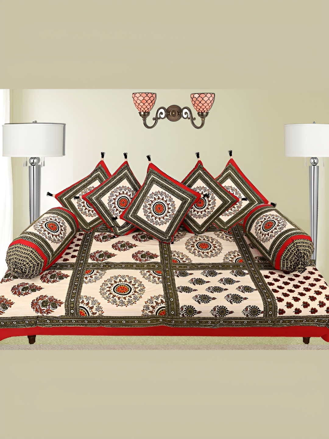 

LIVING ROOTS Brown & Red 8 Pieces Printed Pure Cotton Diwan Set