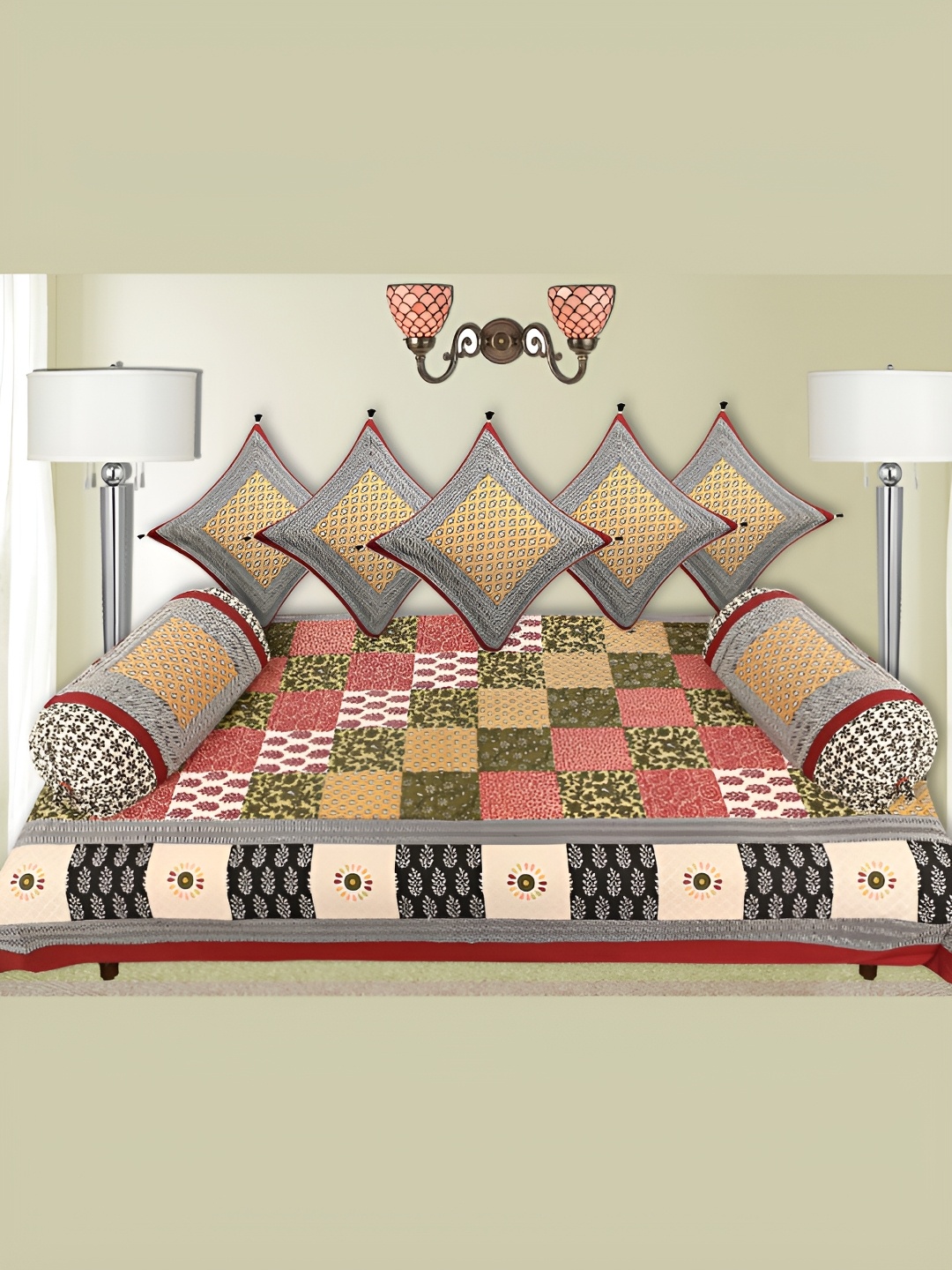 

LIVING ROOTS Grey & Red 8 Pieces Printed Pure Cotton Diwan Set
