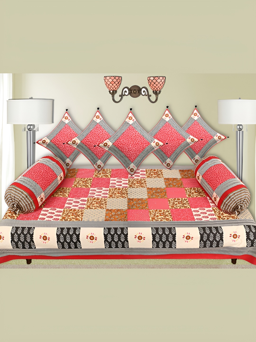 

LIVING ROOTS 8-Pcs Pink & Green Printed Pure Cotton Diwan Set