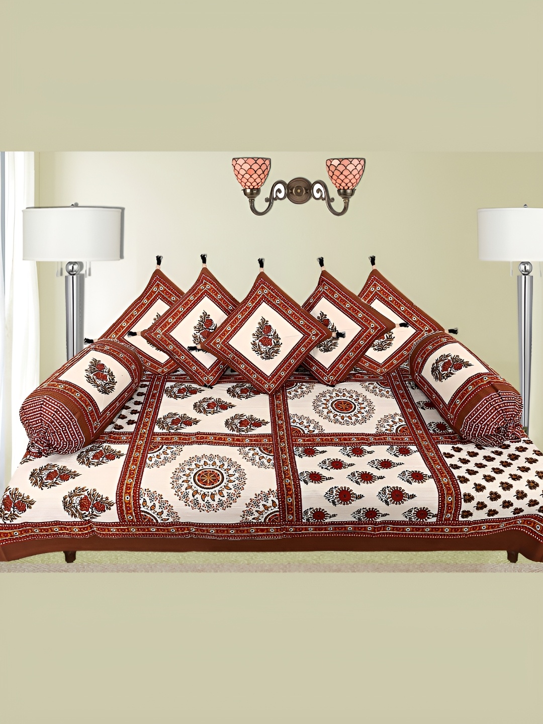 

LIVING ROOTS White & Maroon 8 Pieces Printed Pure Cotton Diwan Set