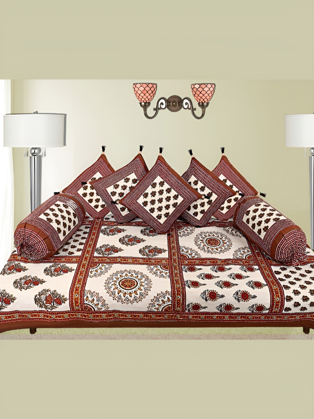 

LIVING ROOTS 8 Pieces White & Brown Printed Pure Cotton Diwan Set