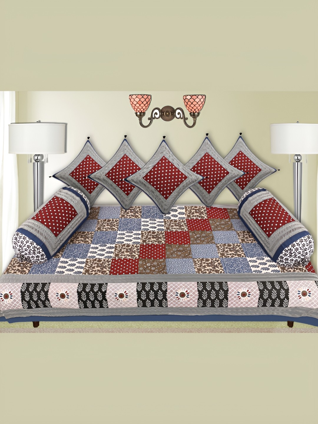 

LIVING ROOTS Blue & Maroon 8 Pieces Printed Pure Cotton Diwan Set
