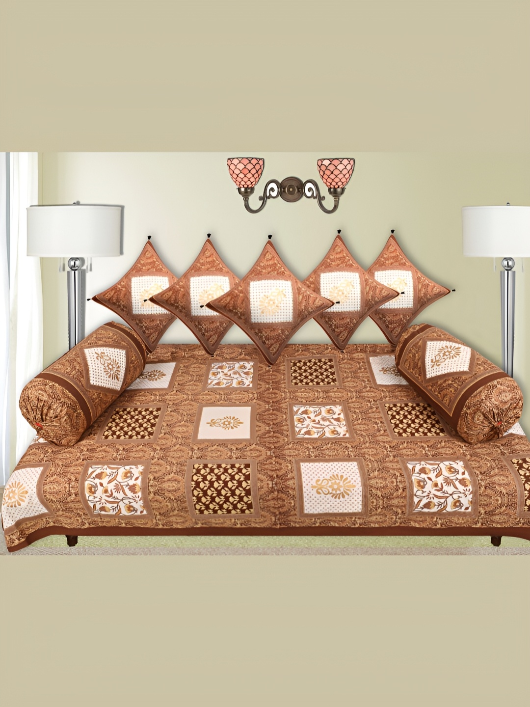 

LIVING ROOTS White & Brown Printed Pure Cotton Diwan Set