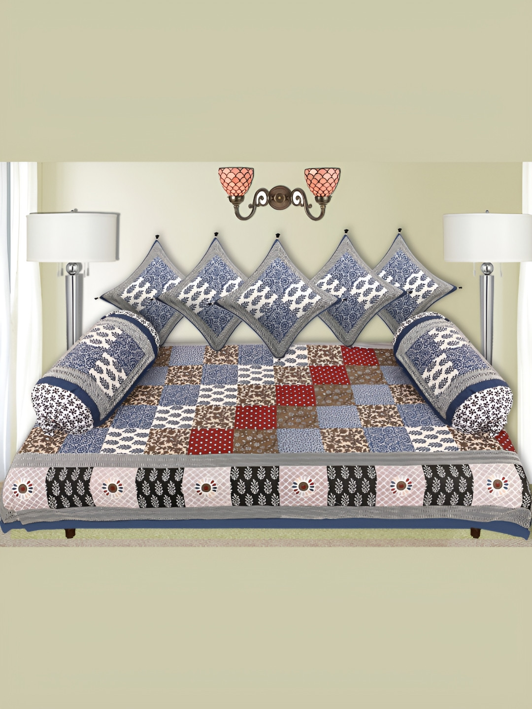 

LIVING ROOTS Grey & Red 8 Pieces Printed Pure Cotton Diwan Set