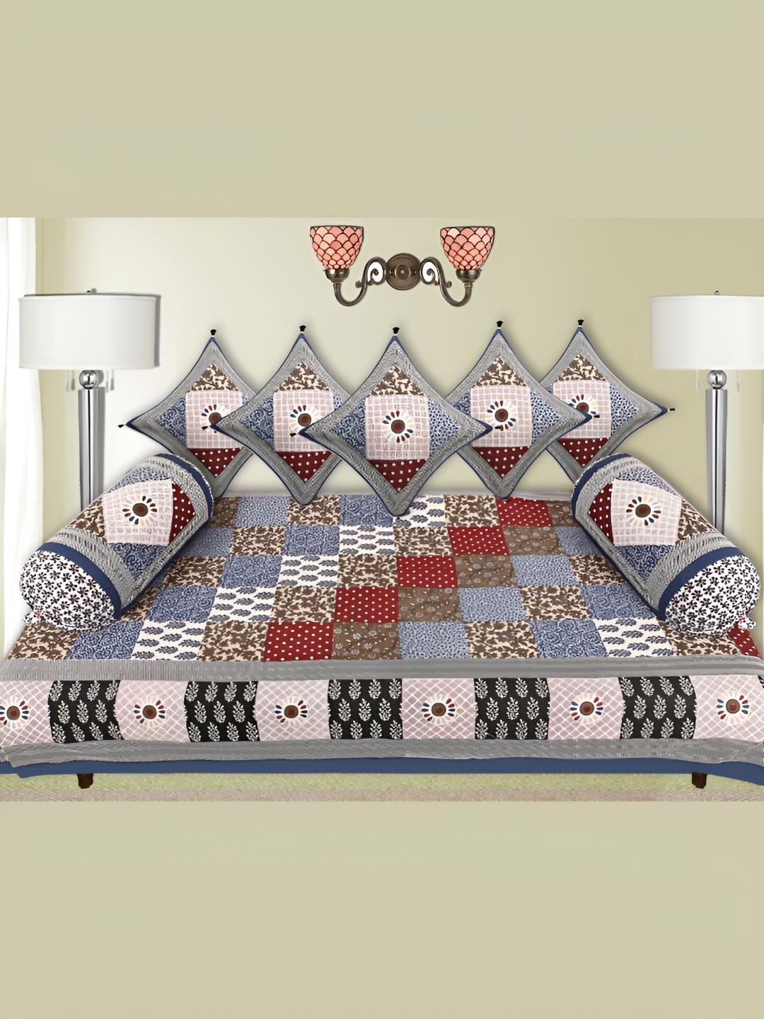 

LIVING ROOTS Blue & Red 2 Pieces Printed Pure Cotton Diwan Set, Grey