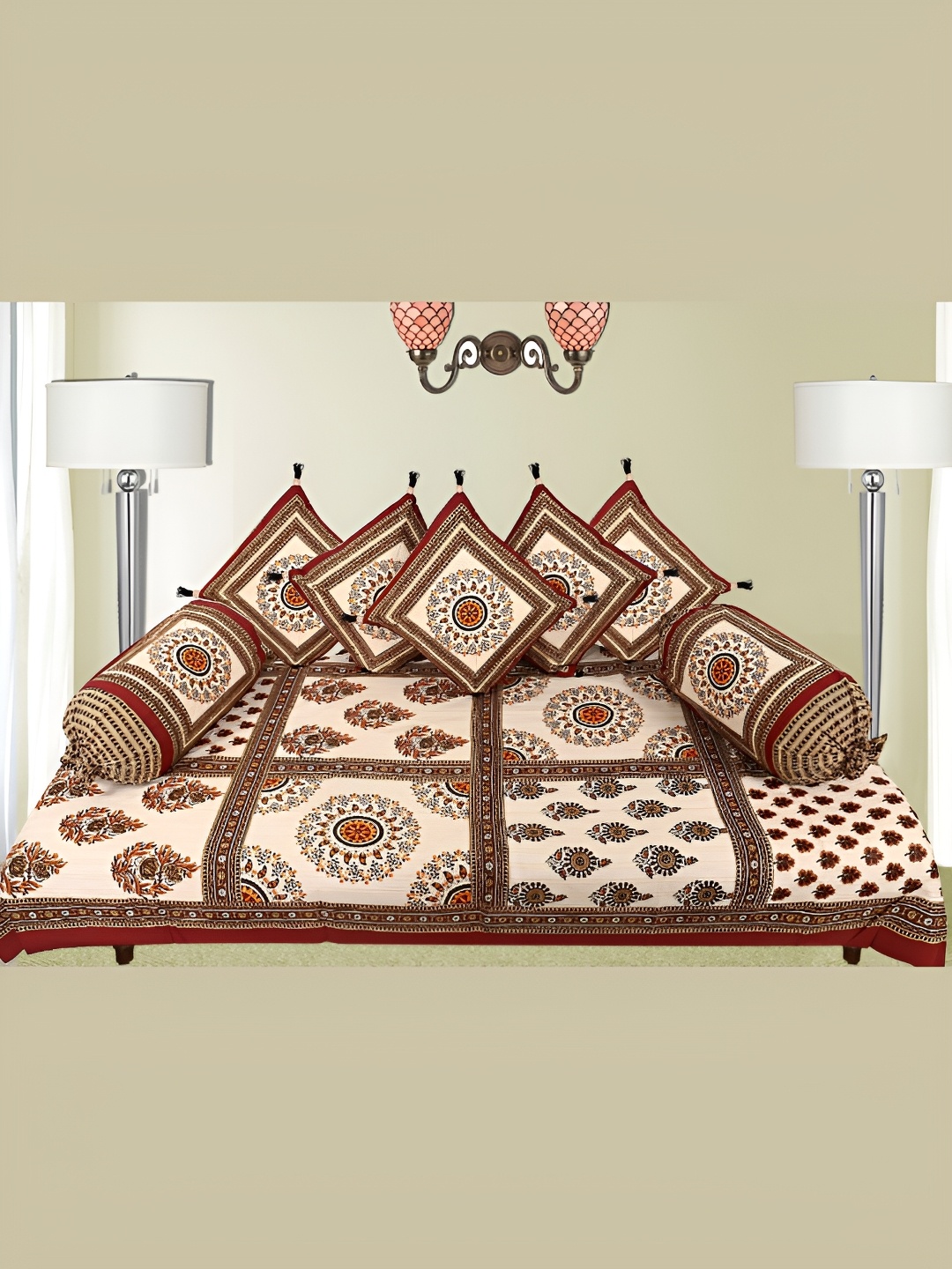 

LIVING ROOTS Brown & Cream 8 Pieces Coloured Printed Pure Cotton Diwan Set