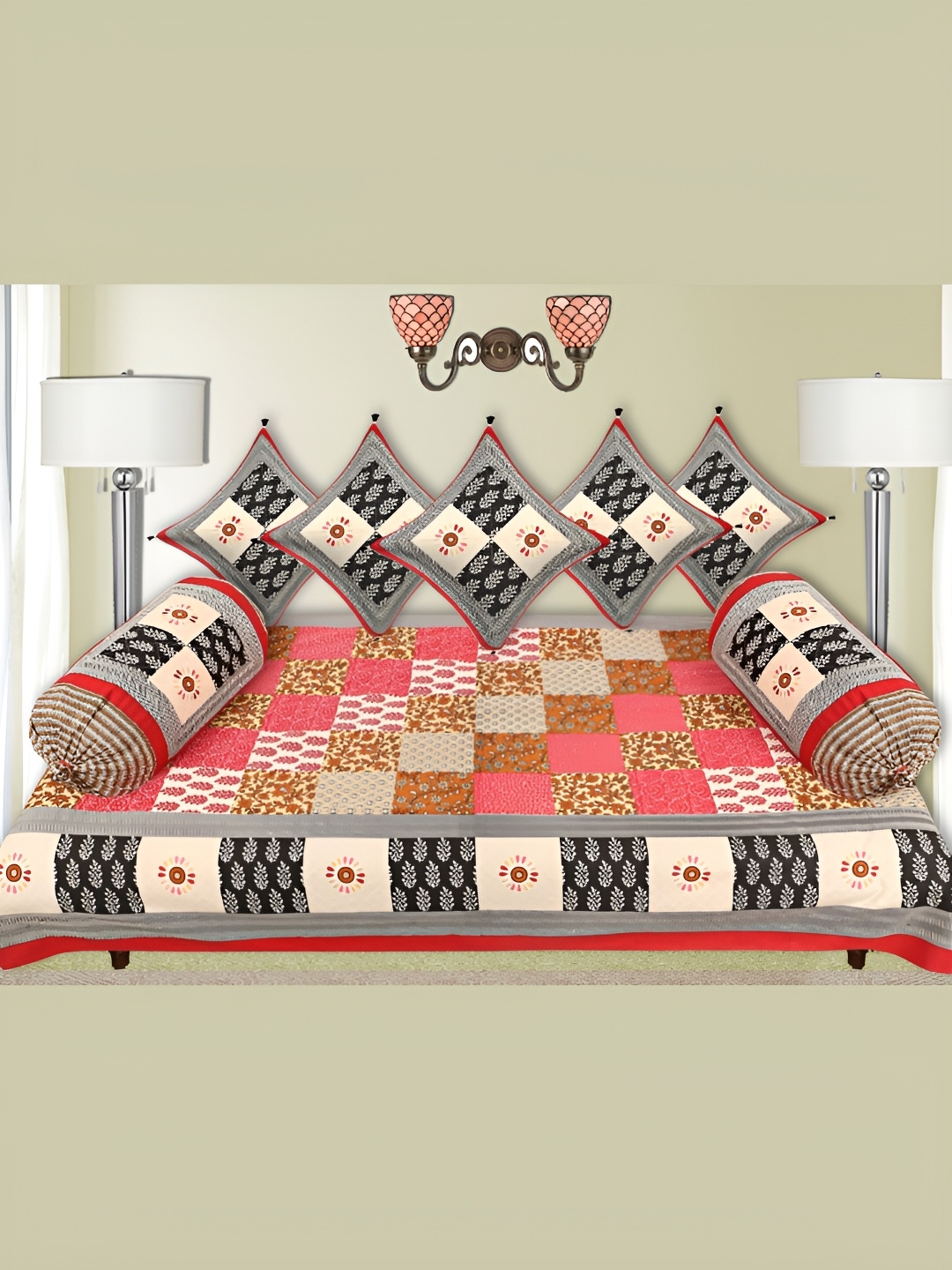 

LIVING ROOTS Pink & Black 8 Pieces Printed Pure Cotton Diwan Set