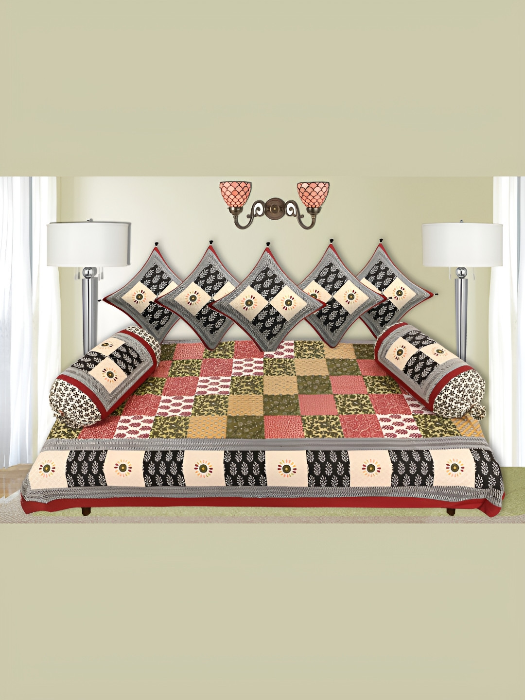 

LIVING ROOTS Grey & Pink 8 Pieces Printed Pure Cotton Diwan Set