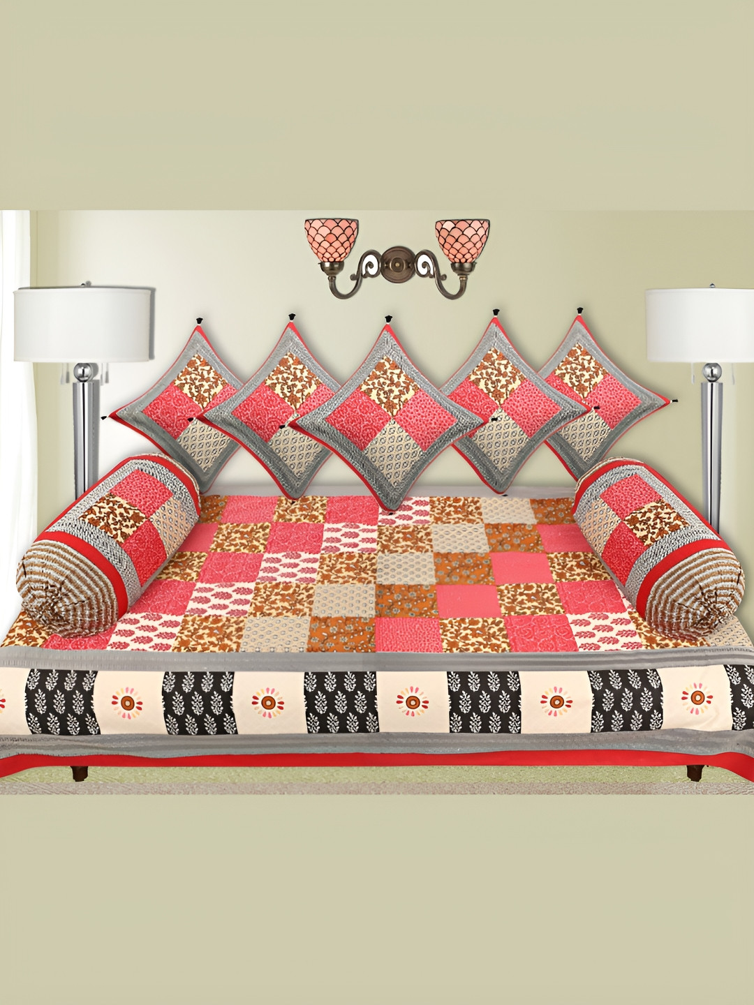 

LIVING ROOTS Pink & Green 8 Pieces Block Printed Pure Cotton Diwan Set