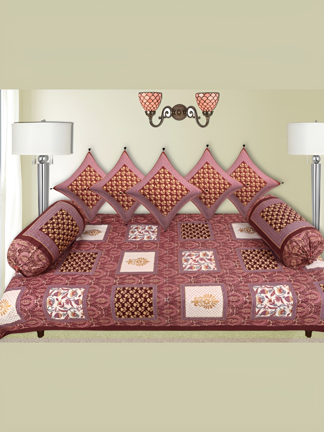 

LIVING ROOTS 8 Pieces Purple & Maroon Block Printed Pure Cotton Diwan Set
