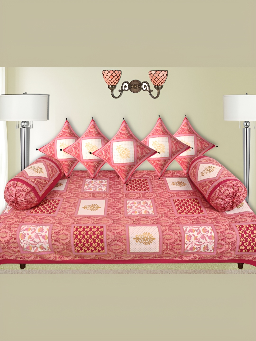 

LIVING ROOTS Pink & White 8 Pieces Block Printed Pure Cotton Diwan Set