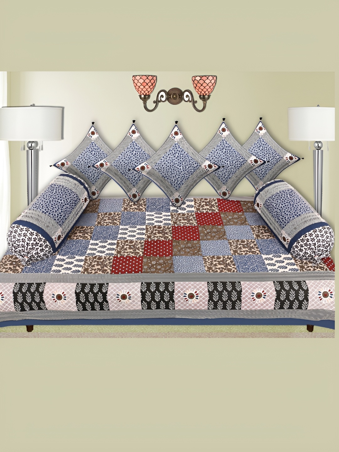 

LIVING ROOTS 8 Pieces Blue & Red Block Printed Pure Cotton Diwan Set, Grey