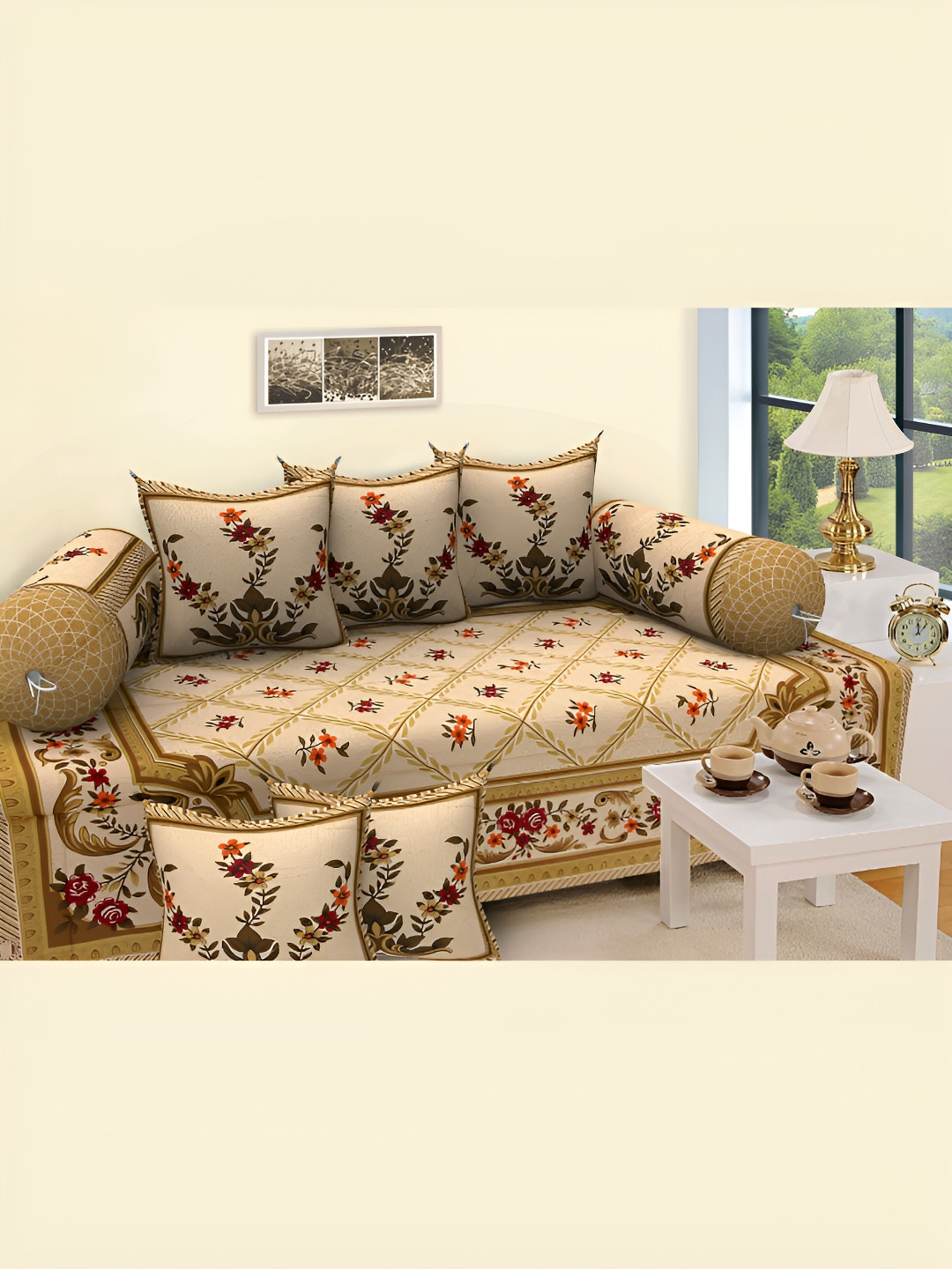 

LIVING ROOTS Brown & Green 8 Pieces Block Printed Pure Cotton Diwan Set