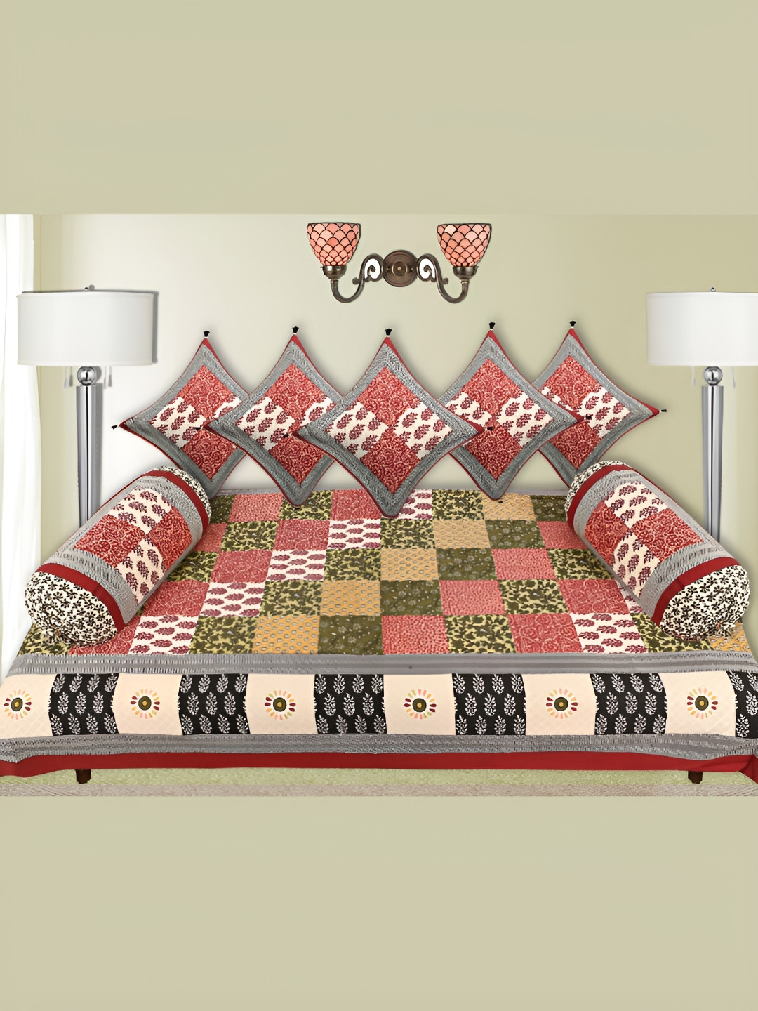 

LIVING ROOTS Red & Green 8 Pieces Block Printed Pure Cotton Diwan Set