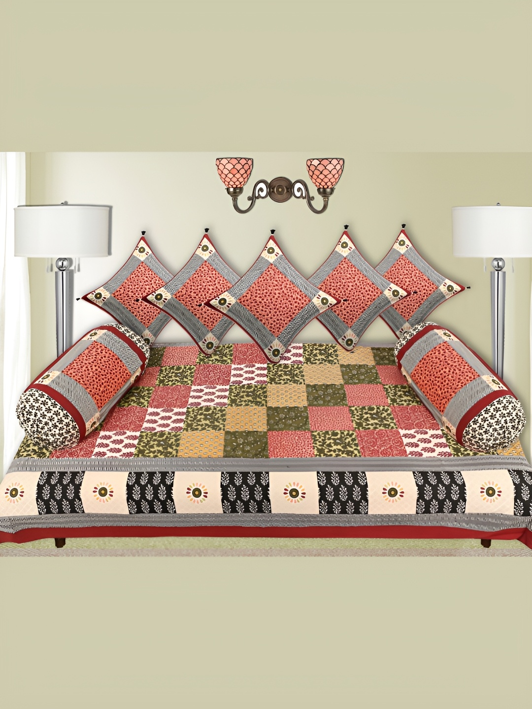 

LIVING ROOTS Red & Green 8 Pieces Block Printed Pure Cotton Diwan Set