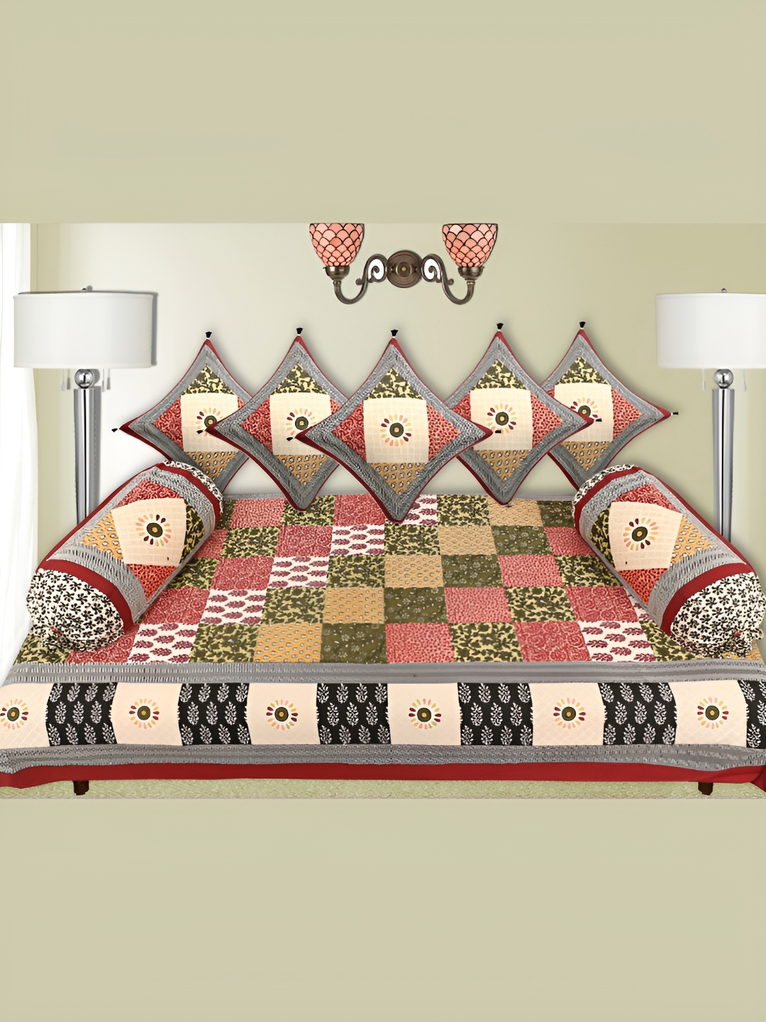 

LIVING ROOTS Red & Green 8 Pieces Block Printed Pure Cotton Diwan Set