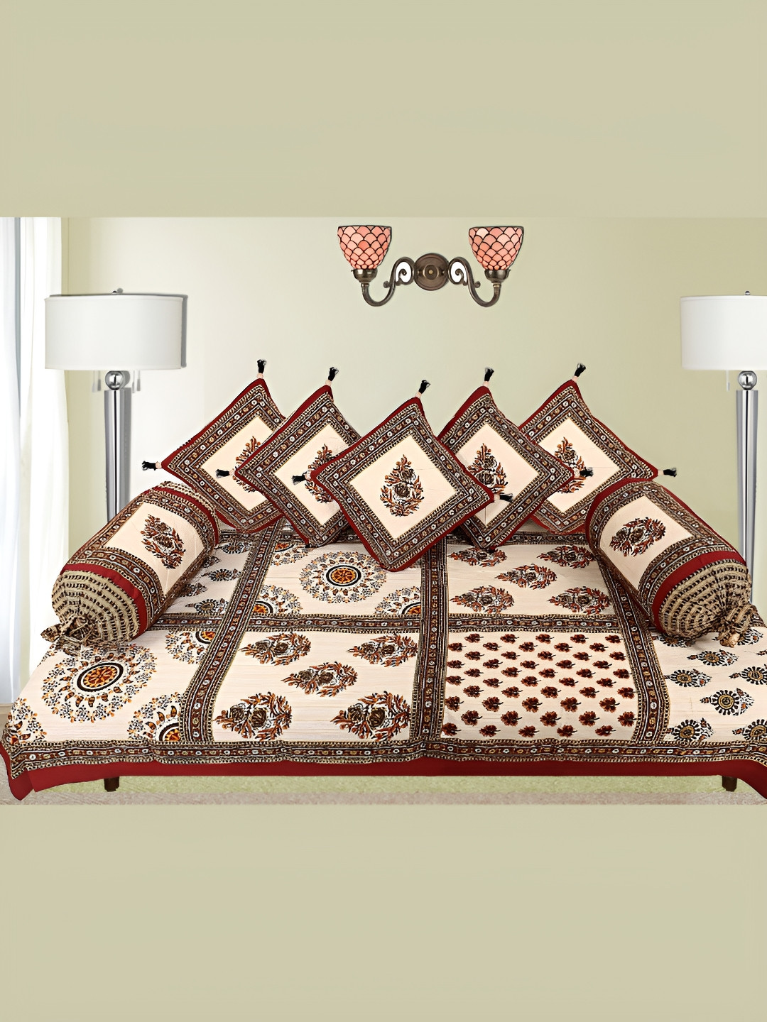 

LIVING ROOTS Beige & Maroon 8 Pieces Block Printed Pure Cotton Diwan Set