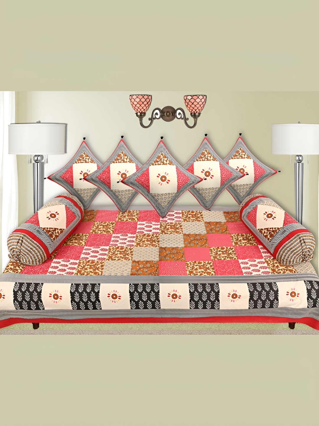 

LIVING ROOTS Pink & Grey 8 Pieces Block Printed Pure Cotton Diwan Set