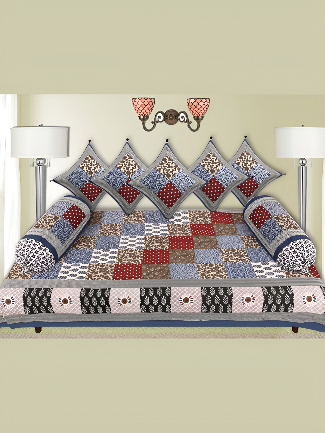 

LIVING ROOTS Blue & Maroon 6 Pieces Block Printed Pure Cotton Diwan Set