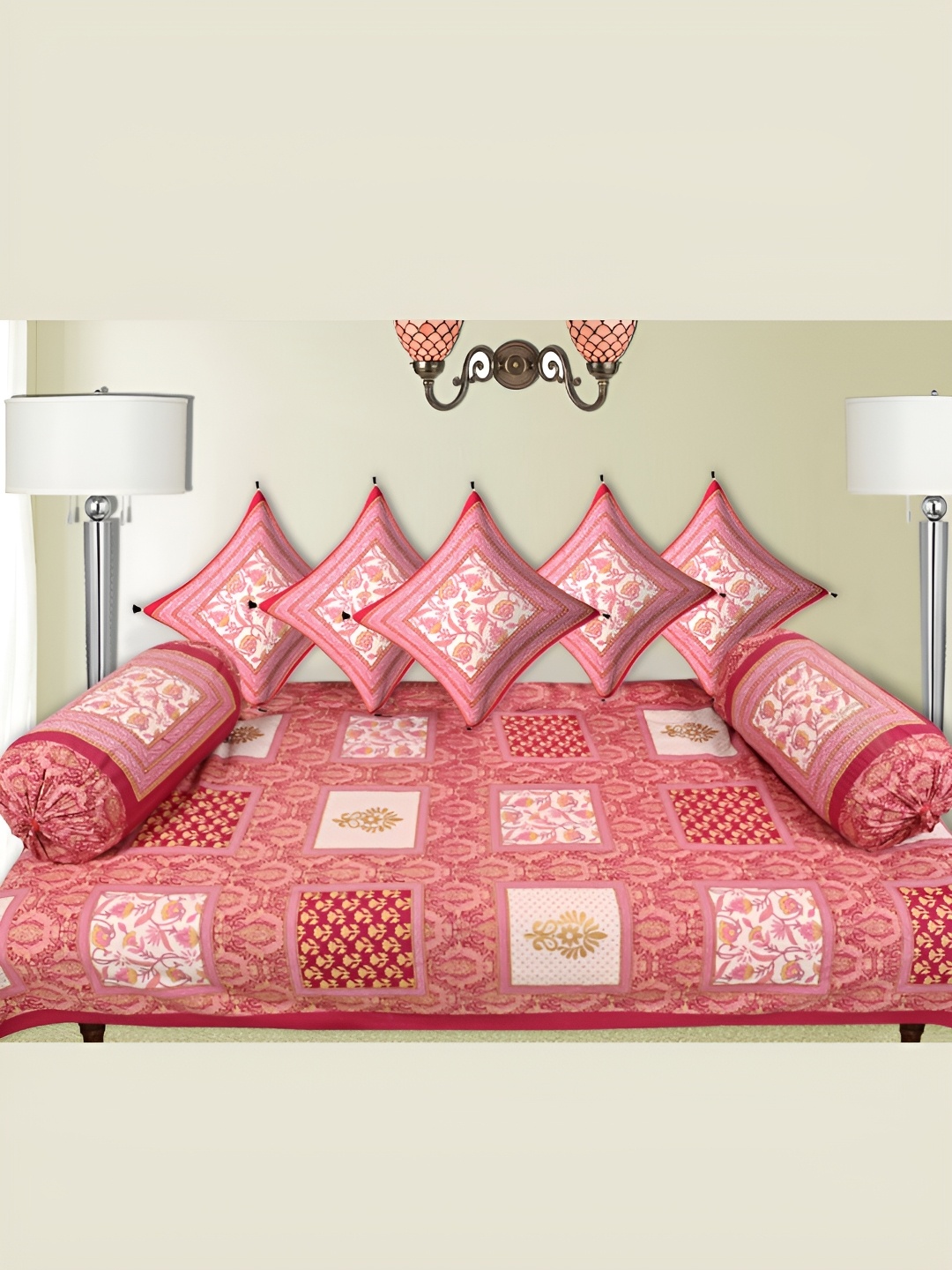 

LIVING ROOTS Purple & Pink 8 Pieces Block Printed Pure Cotton Diwan Set