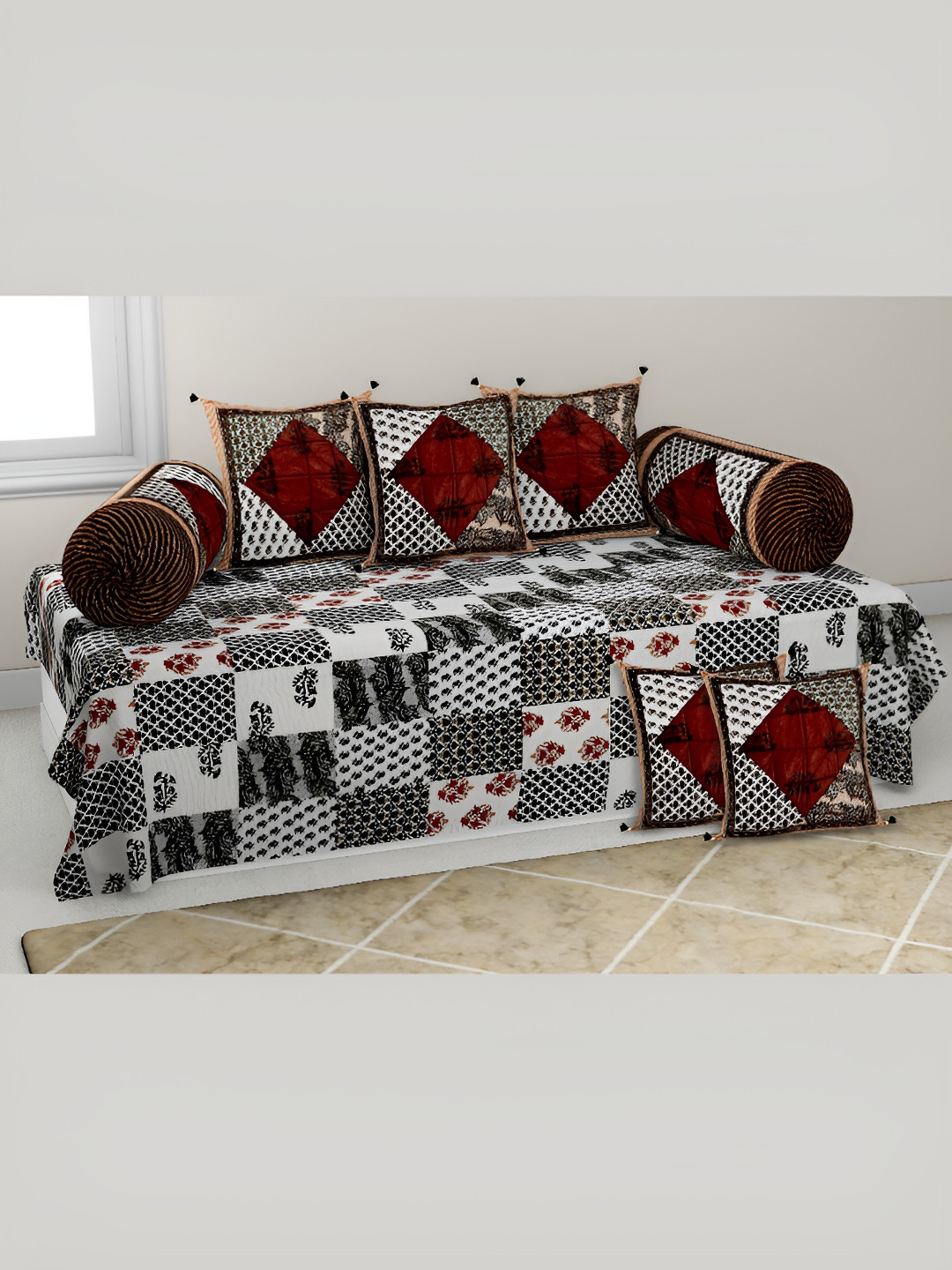 

LIVING ROOTS Grey & Black 8 Pieces Block Printed Pure Cotton Diwan Set
