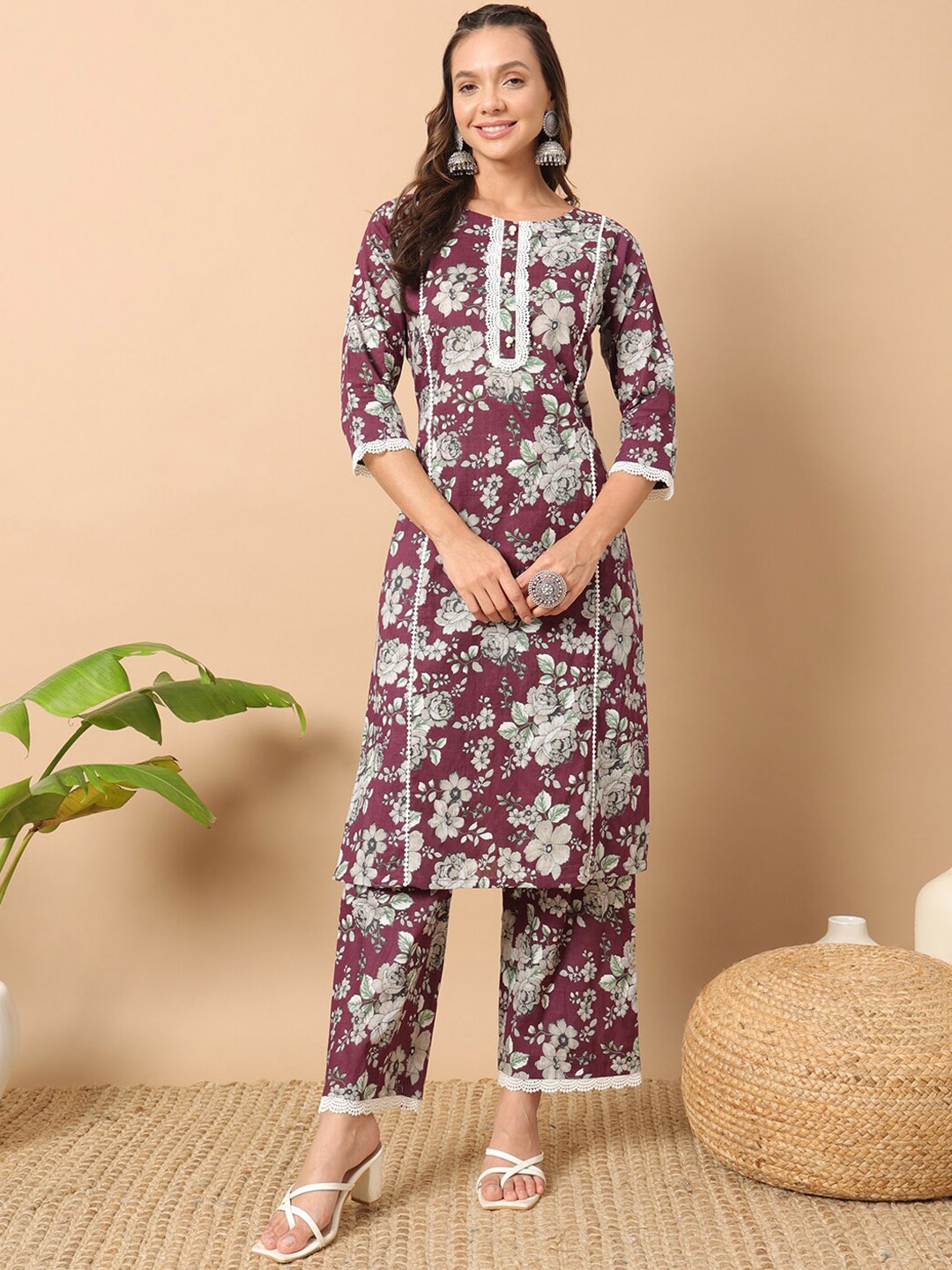 

FIORRA Floral Printed Regular Pure Cotton Round Neck Straight Kurta With Trouser, Purple