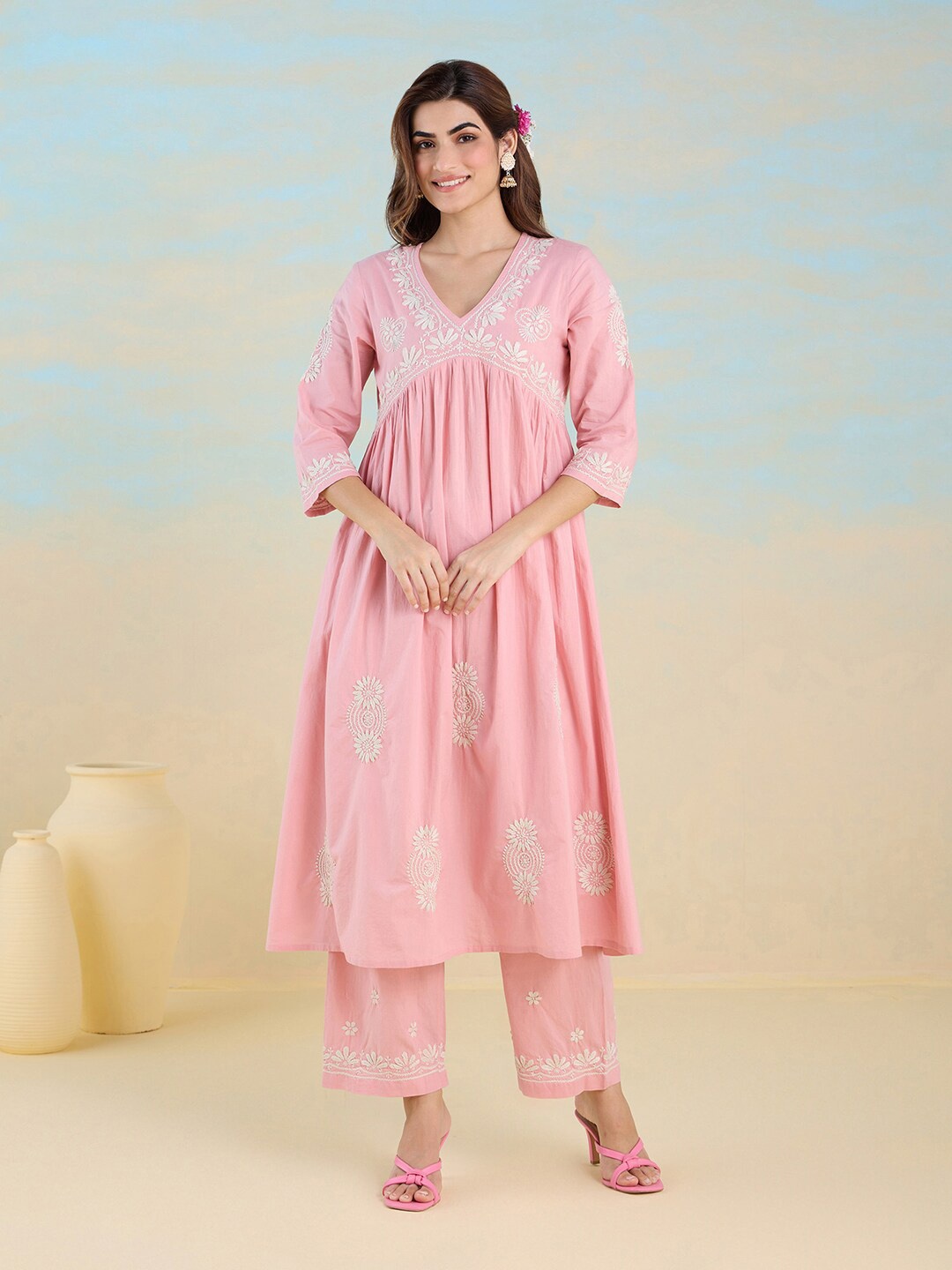 

Likha Floral Embroidered Chikankari Pure Cotton A-Line Kurta with Trousers, Pink