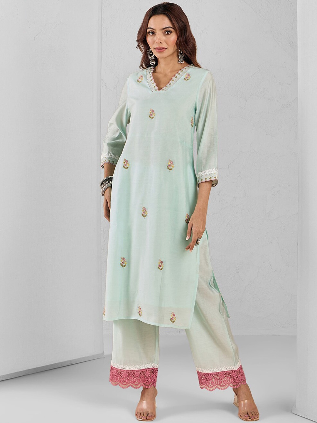 

Likha Ethnic Motifs Embroidered Regular Thread Work Kurta With Palazzo, Green