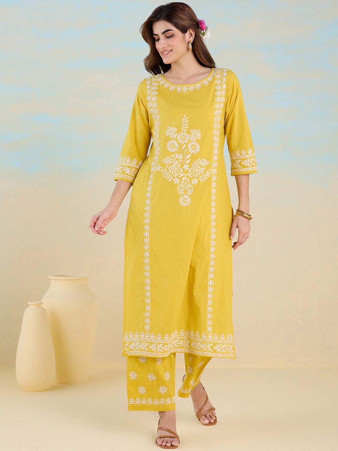 

Likha Floral Embroidered Regular Chikankari Pure Cotton Kurta With Trouser, Yellow